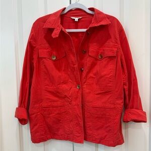 Cabi 727 Taylor Utility Jacket Ruffle Back Lobster Orange